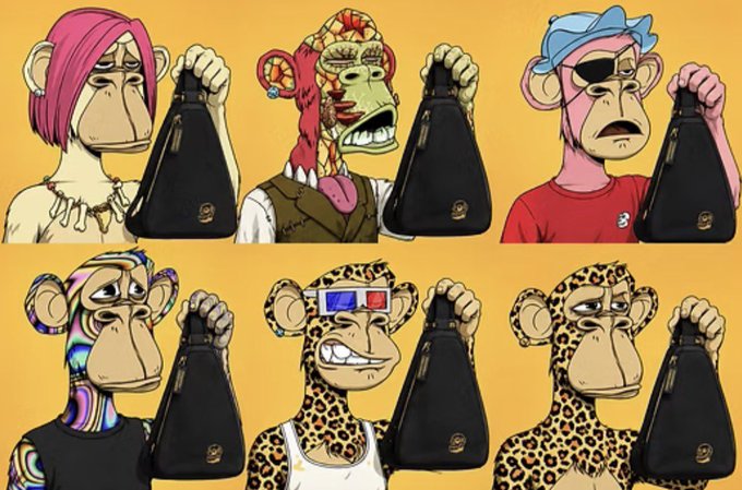 Six cartoon Bored Ape-style monkeys in various styles hold black sling bags against a yellow background.