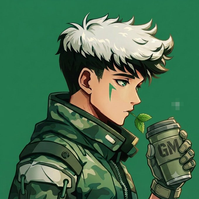 An anime-style illustration of a young man with white and black hair, green eyes, and a green facial marking, wearing camouflage and holding a grenade labeled 'GM' with a leaf in his mouth against a green background.