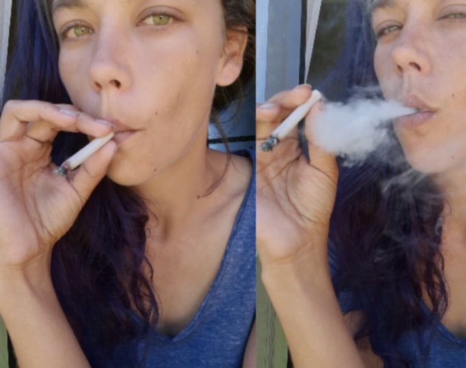 A side-by-side photo of a young woman smoking a hand-rolled cigarette, exhaling a cloud of smoke in the right image.