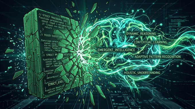 An artistic digital illustration shows a green block of code on the left shattering apart, with glowing green energy flowing toward the right, labeled with terms like 'DYNAMIC REASONING,' 'CONTEXTUAL LEARNING,' 'EMERGENT INTELLIGENCE,' 'ADAPTIVE PATTERN RECOGNITION,' and 'HOLISTIC UNDERSTANDING.'
