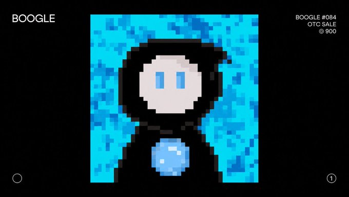 A pixel-art image featuring a hooded figure with glowing blue eyes holding a blue orb against a speckled blue background, branded as "BOOGLE" with text indicating "BOOGLE #084 OTC SALE @ 900" — directly illustrating the OTC sale of NFT #084 from the @solBOOGLE collection for 900 $SOL.