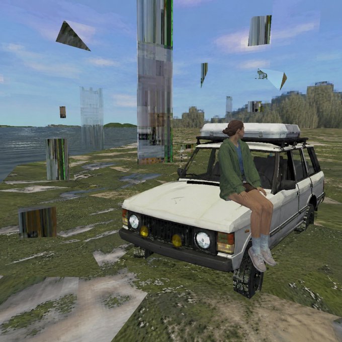 A 3D render or game screenshot of a person sitting on the hood of a white SUV in a grassy landscape with glitching, floating rectangular structures and water in the background.