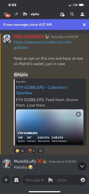 A Discord message screenshot from "MAX CHADWICK" highlights the OpenSea collection "ETH GOBBLERS" with stats showing 149 items, 147 owners, a 0.04 ETH floor price, and 0.08 ETH total volume—humorously contrasting the tiny ETH profit mentioned in the post with the collection's near-zero trading activity.