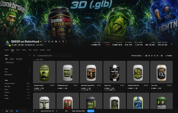 A screenshot of the Robinhood crypto marketplace displays a collection of 3D NFT beer cans from brands like 'Stackers', 'RH Zero', and 'GameStop Legend Lager' priced in ETH.