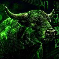 A stylized green-tinted image of a bull's head with horns overlaid on a stock market board displaying changing numbers.