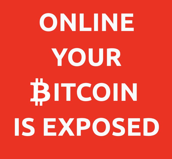 The image features a red sign with white text that reads "Online Your Bitcoin is Exposed". This message seems to be related to Bitcoin, as indicated by the presence of the word "bitcoin" in the text. The sign also includes an image of a Bitcoin symbol and the phrase "Take your Bitcoin off your exchange bit.ly/Trezor7", which could possibly be a link or a social media account associated with Bitcoin.