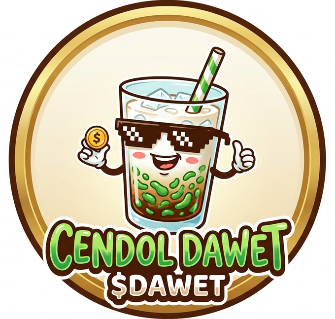 A cartoon logo for "CENDOL DAWET $DAWET" featuring an anthropomorphic glass of the drink wearing pixelated sunglasses and holding a gold dollar coin, set against a gold circular background.