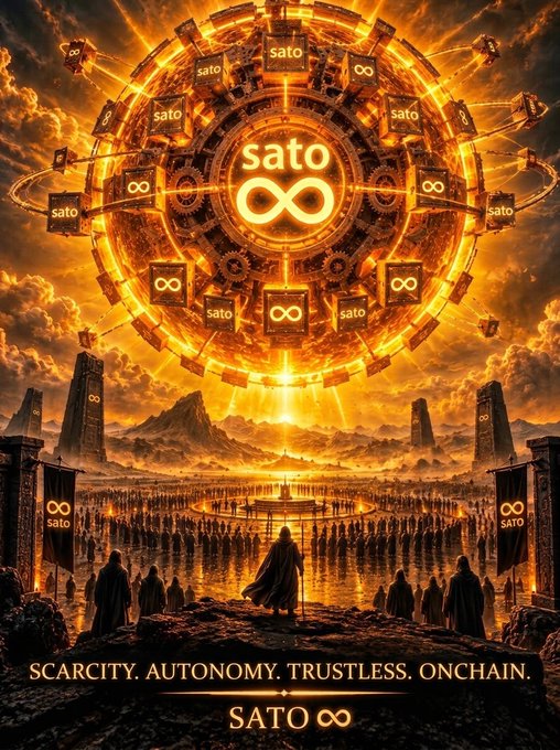 An elaborate promotional image for 'SATO' featuring an infinity symbol, gears, and robed figures, with text: 'SCARCITY. AUTONOMY. TRUSTLESS. ONCHAIN.'