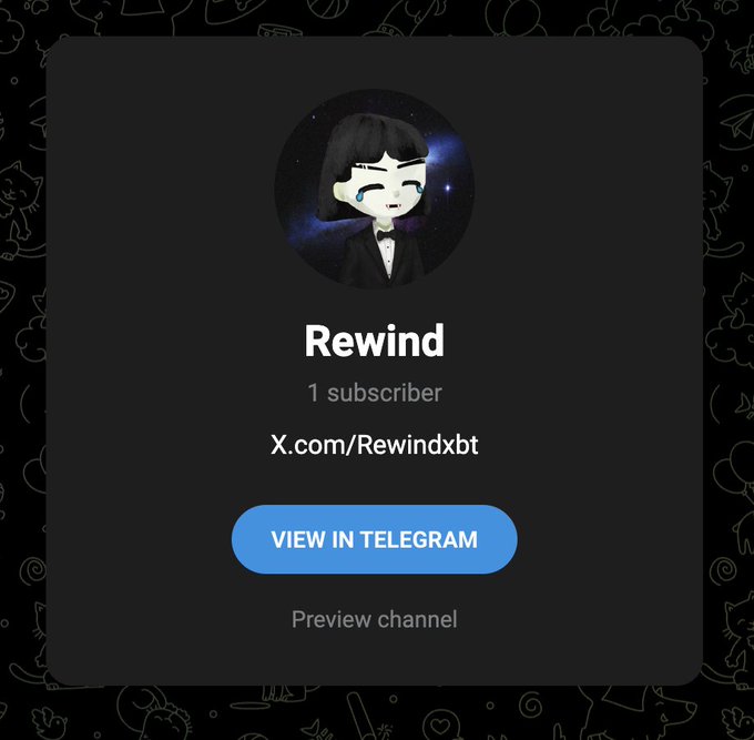 A Telegram channel preview page for 'Rewind' showing 1 subscriber, with the handle 'X.com/Rewindxbt' and a 'VIEW IN TELEGRAM' button.
