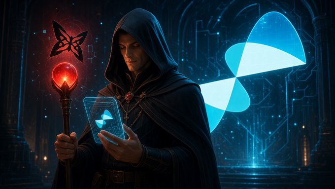 A dark fantasy illustration of a hooded figure holding a glowing staff and a tablet, surrounded by digital circuit patterns and blue holographic interfaces.