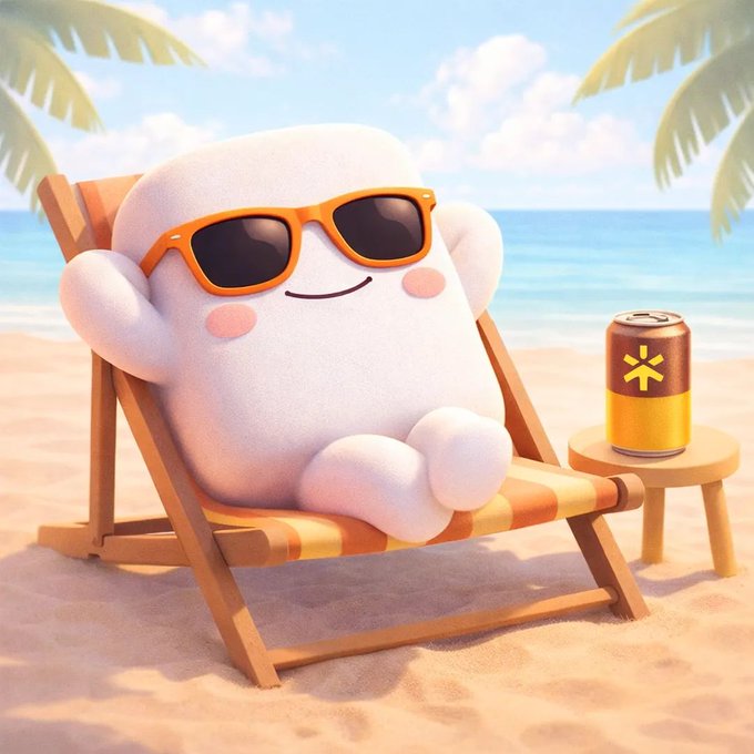 A cute 3D-rendered white blob-like character wearing orange sunglasses, lounging on a striped beach chair next to a can of beverage, on a tropical beach with palm trees and ocean in the background.