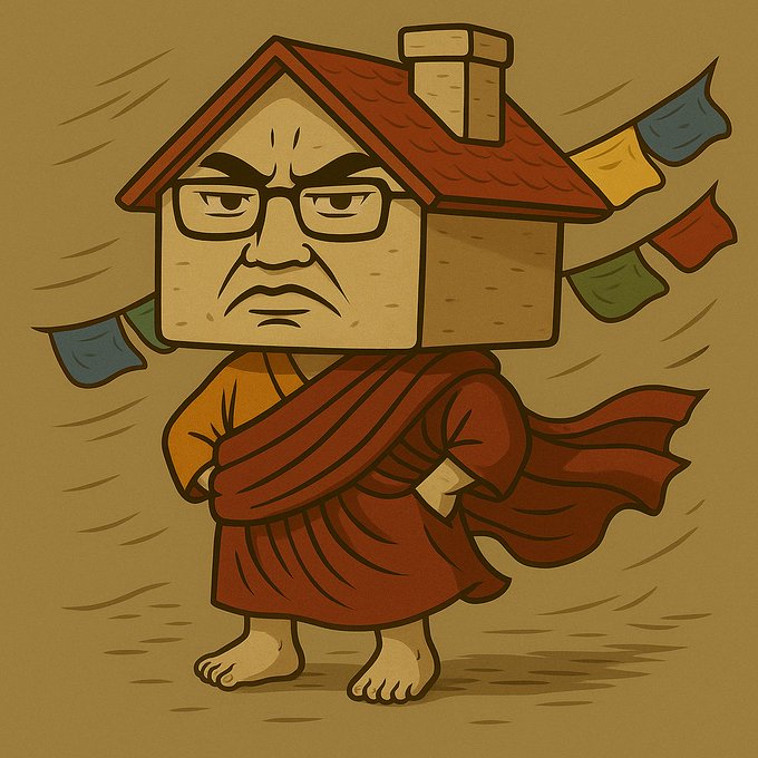 Cartoon illustration of a character with a house for a head (featuring a stern face with glasses and a red tiled roof) wearing a red monk's robe with prayer flags.