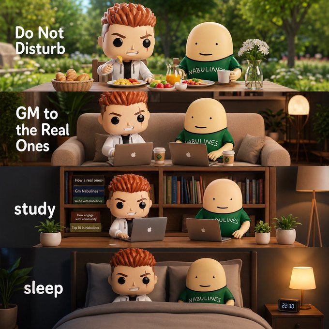 The image is a four-panel meme showing Funko Pop-style figures—one with red hair and an eyepatch, the other in a green "NABULINES" shirt—transitioning through daily modes: "Do Not Disturb" (eating breakfast), "GM to the Real Ones" (working on laptops together), "study" (researching "Gm Nabullines" topics), and "sleep" (tucked into bed at 22:30). The visual perfectly illustrates the caption's narrative of a disciplined daily routine centered around community, learning, and the Nabulines brand, moving from morning greetings to focused study to rest.