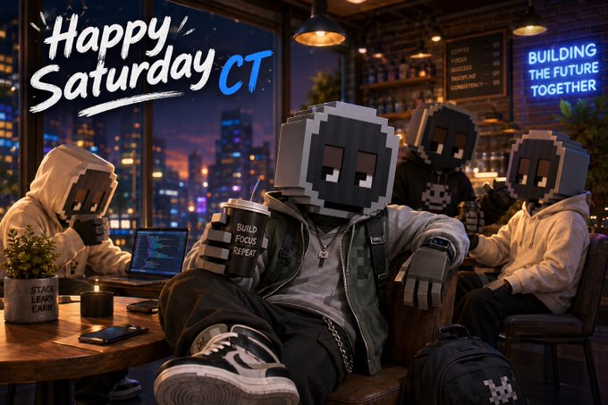 A digital illustration featuring characters wearing pixelated cube head masks (resembling Minecraft creepers) sitting in a cafe. The text 'Happy Saturday CT' is in the upper left, and a neon sign reads 'BUILDING THE FUTURE TOGETHER'.