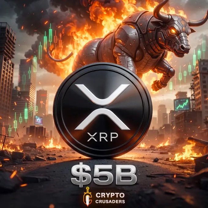 A promotional graphic featuring the XRP logo coin in the foreground, labeled 'XRP' and '$5B', with a 'CRYPTO CRUSADERS' logo below, set against a chaotic background of a metallic bull, explosions, and stock market candlestick charts in a ruined city.