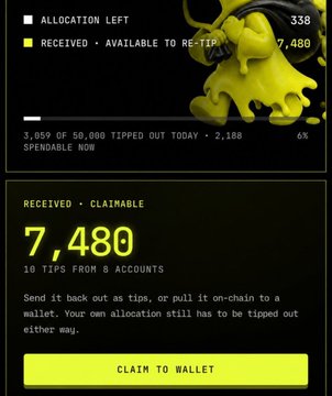 A dark-themed digital interface showing crypto tipping statistics, including 'ALLOCATION LEFT', '7,480 RECEIVED', and a yellow 'CLAIM TO WALLET' button.
