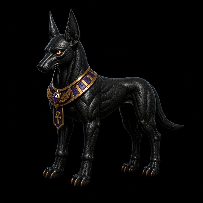 A detailed 3D rendering of an Egyptian Anubis statue depicting a black jackal dog with golden eyes, claws, and an ornate blue and gold collar featuring an ankh pendant, set against a black background.