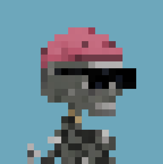 A pixel art character with a large pink brain-like head, wearing sunglasses and a dark outfit, set against a blue background.