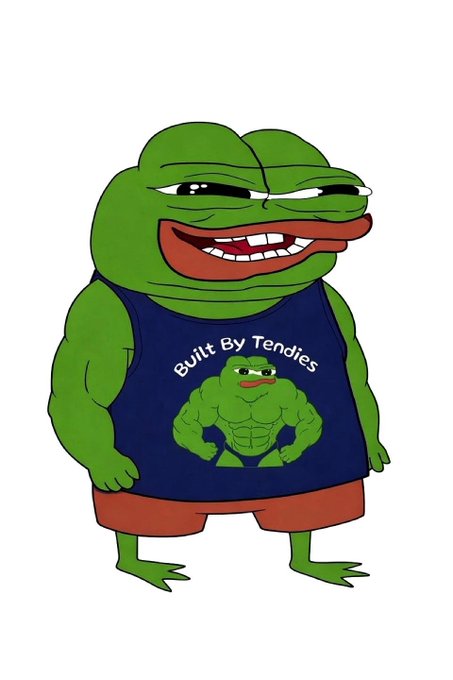 A cartoon Pepe the Frog character stands smiling, wearing a blue tank top that reads 'Built By Tendies' and features a smaller muscular Pepe graphic on the front.