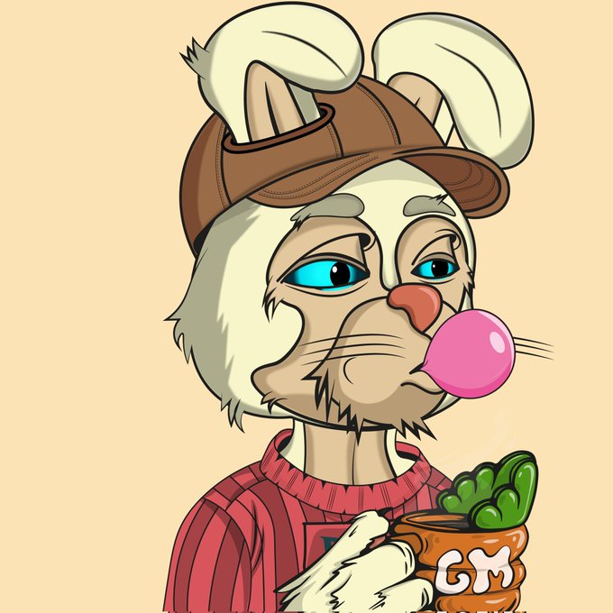 An illustrated cartoon bunny wearing a brown cap and red sweater blows a pink bubblegum bubble while holding a potted plant labeled 'CM'.