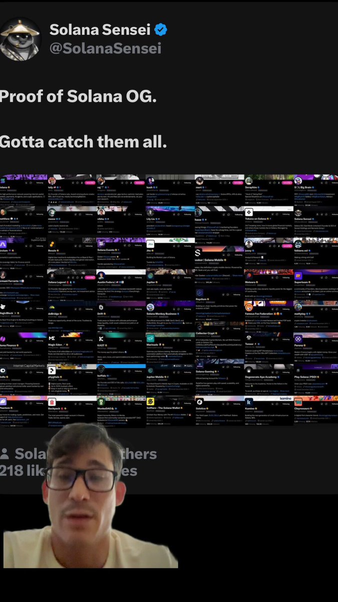 The image shows a man wearing glasses, with his face partially visible behind him. The caption reads "Who are we missing from this list? These can't be the only solana OGs." This suggests that there might be other people who have not posted on the list or haven't been included in the post.