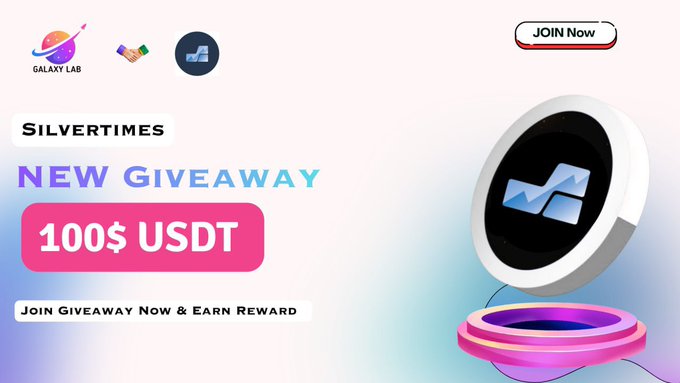 A promotional banner for a SilvertimesSTT × Galaxy Lab $100 USDT airdrop giveaway, featuring the text "SILVERTIMES NEW GIVEAWAY 100$ USDT" alongside 3D renderings of the project's planet and logo icons, with a "JOIN Now" button and a link to complete a Google Form entry.