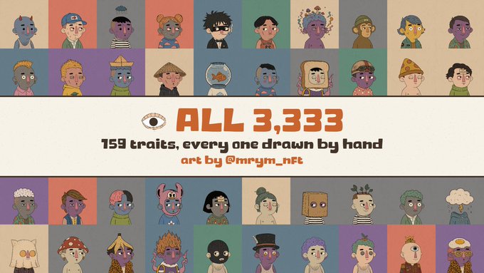 A promotional graphic for the Unu NFT collection showcases a grid of hand-drawn character portraits with the text "ALL 3,333" and "159 traits, every one drawn by hand, art by @mrrym_nFT," celebrating the full reveal of all 3,333 unique PFPs as mentioned in the accompanying post about unusual trait combinations and one-of-ones.