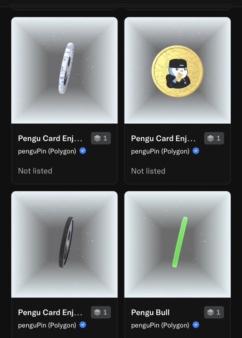 A dark-themed digital interface shows four NFT items including 'Pengu Card Enj...' and 'Pengu Bull' from the penguPin (Polygon) collection, with a gold coin featuring a penguin in sunglasses visible.