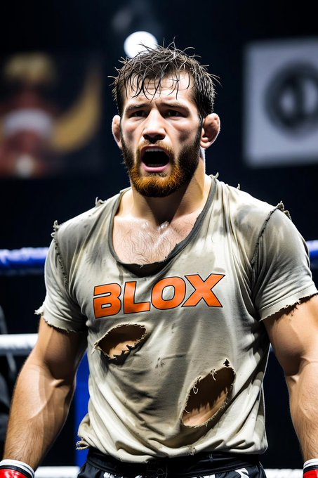 A rugged, bearded fighter in a torn "BLOX" t-shirt stands in a boxing ring, appearing mid-roar after a match.