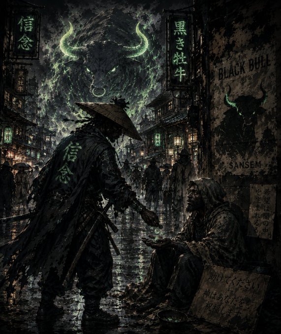 A samurai in a dark, rainy alleyway offers coins to a beggar beneath the eerie green-eyed apparition of "THE BLACK BULL," with signage reading "信悠," "黒き牡牛," and "SANSEM," while signs read "助けてください" (Please help) and "神はあなたを見捨てません" (God has not abandoned you).

The imagery mirrors the post's theme of someone ($ANSEM) appearing as a bullish savior or guardian figure emerging from the darkness to "rescue" the desperate—just as the menacing Black Bull looms over and the samurai extends aid to the downtrodden beggar.
