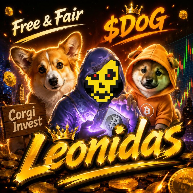 A vibrant cryptocurrency promotional graphic featuring a corgi, a dog wearing a Bitcoin hoodie, and a pixelated skull character, with text reading 'Free & Fair', '$DOG', 'Corgi Invest', and 'Leonidas' surrounded by gold coins and crypto imagery.