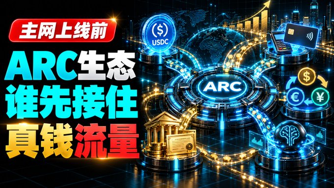 A futuristic digital graphic featuring a glowing "ARC" central hub connected to various fintech symbols including USDC, credit cards, currency icons ($, €, ¥), a bank building, and a certificate, with Chinese text reading "主网上线前 ARC生态 谁先接住 真钱流量" (Before mainnet launch, who in the ARC ecosystem will capture real money traffic first). The image visually reinforces the post's focus on ARC's pre-mainnet opportunities in USDC, payments, and real-world asset (RWA) integration.