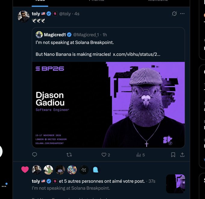 A social media post screenshot showing a tweet by @Magicred1 stating 'I'm not speaking at Solana Breakpoint' alongside a purple graphic of an owl-headed figure labeled 'Djason Gadiou, Software Engineer' for 'BP26'.