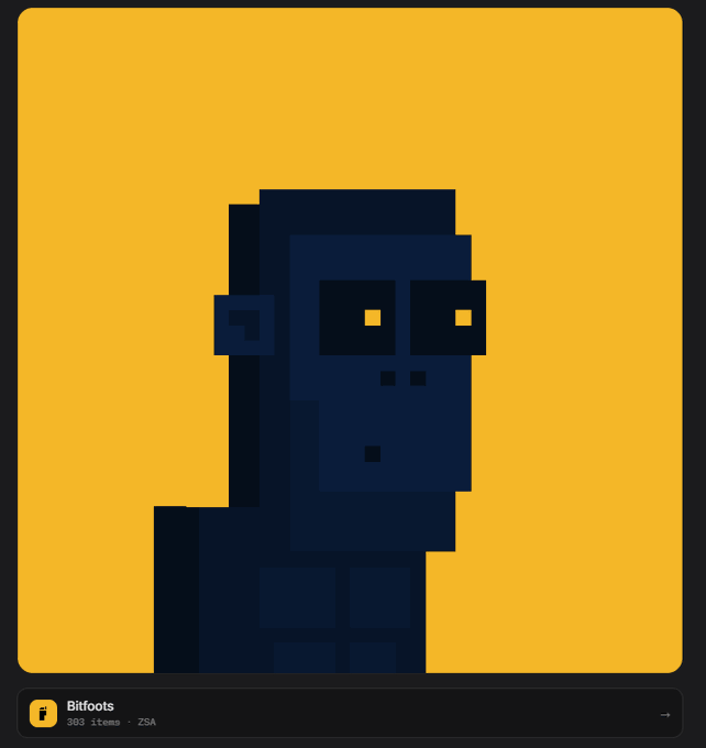 A pixel art style NFT titled 'Bitfoots' (303 items, Z5A) depicting a dark blue blocky character with glowing yellow eyes on an orange background.