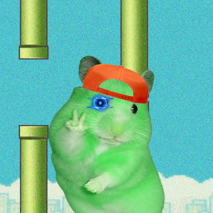 A green hamster wearing a backwards orange cap and a glowing blue eye, making a peace sign in front of a Flappy Bird-style background with green pipes.