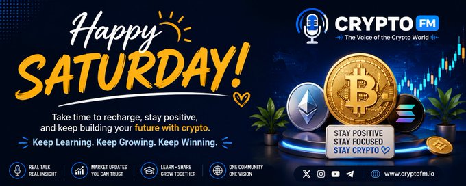 A vibrant graphic reads 'Happy Saturday!' and 'CRYPTO FM - The Voice of the Crypto World' alongside Bitcoin, Litecoin, and Solana logos with the text 'STAY POSITIVE STAY FOCUSED STAY CRYPTO' and 'www.cryptofm.io'.