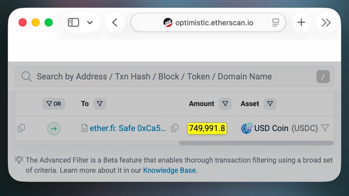 A screenshot of the optimistic.etherscan.io blockchain explorer showing a transaction filtering for outgoing USDC transfers, with an amount of 749,991.8 highlighted.