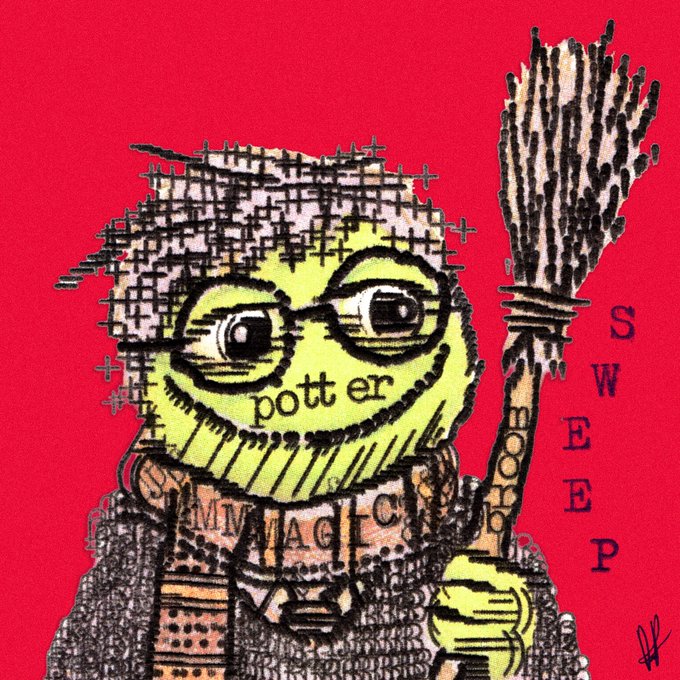 A whimsical, hand-drawn illustration of a yellow-skinned character with glasses and 'pott er' written on their face, wearing a sweater with 'ALL MAGIC' and holding a broom, labeled 'SWEEP' against a red background.