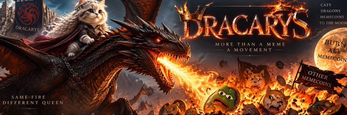 A promotional banner for 'DRACARYS' with the tagline 'MORE THAN A MEME, A MOVEMENT', depicting a white cat riding a fire-breathing dragon above a horde of other memecoins.