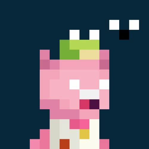 A pixel art pink character wearing a green hat stands against a dark background, appearing to sweat in the heat, which playfully matches the caption about BasedMinis staying cool even when it's hot outside.