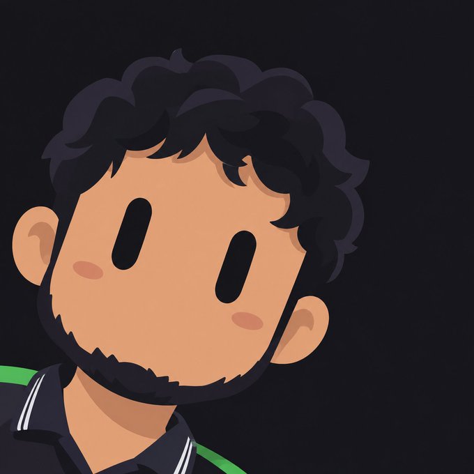 A cartoon-style avatar illustration of a young man with curly black hair, a short beard, and simple dot eyes with rosy cheeks, wearing a dark jacket with green stripes on a black background.