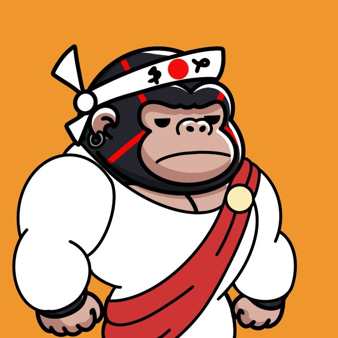 A cartoon illustration of a muscular gorilla wearing a white martial arts gi with a red sash and a Japanese-style headband featuring a red circle symbol.