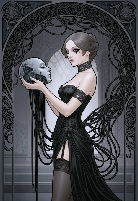A pale woman in an elegant black gown with intricate lace details holds a detached mechanical head with trailing wires and cables, framed by gothic ornamental ironwork. The image visually embodies the "Goddess of Deprecation/Decommissioning" theme by depicting a figure contemplating the discarded remnants of an automaton, suggesting themes of obsolescence and the beauty found in retired mechanisms.