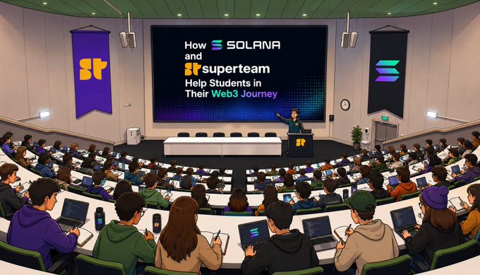 The image shows a classroom full of people sitting at desks with laptops open, attending a presentation or lecture by someone standing behind them. The room has a large screen displaying information about Solana and the @superteam ecosystem, which are designed to help students learn, build, earn, or get hired in various fields. The post emphasizes that there are opportunities for everyone involved in the Solana ecosystem, regardless of their current stage of learning or career path.