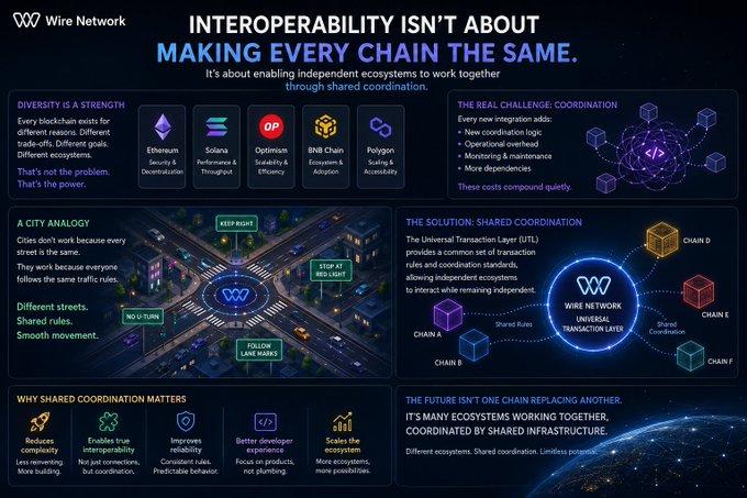 An infographic titled 'INTEROPERABILITY ISN'T ABOUT MAKING EVERY CHAIN THE SAME' explaining the Wire Network's approach to blockchain ecosystems, featuring logos for Ethereum, Solana, Optimism, BNB Chain, and Polygon.