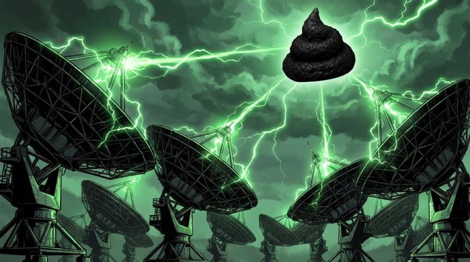 Satellite dishes glow eerie green under a stormy sky as green lightning cracks around a floating poop emoji hovering ominously overhead. The image humorously conveys the "bullshit" tone of the post about Solana performing poorly, symbolizing the overwhelming negativity and chaotic sentiment surrounding the token.