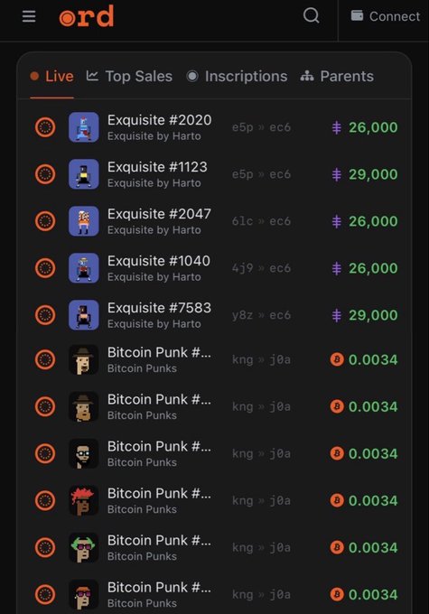 A screenshot of an NFT marketplace interface ('ord') displays a 'Live' tab listing 'Exquisite' NFTs by Harto priced around 26,000-29,000 and 'Bitcoin Punk' items priced at 0.0034.