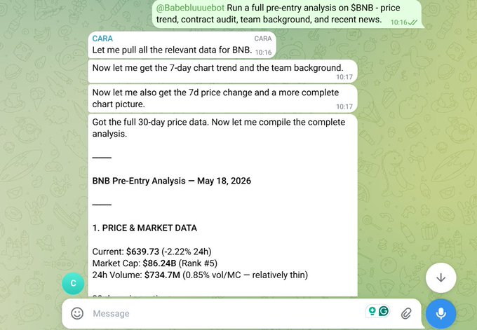 In this image, there are two chat windows displayed side by side. The first window features a conversation between a person (possibly named 'Cara' as indicated) who has sent a message via WhatsApp or similar messaging app that says: "Let me pull all the relevant data for BNB." The second window contains text about pre-entry analysis of a specific token, indicating it is being monitored by an AI agent called Aethir Claw. This tool provides insights into various aspects such as contract analysis, token trend, team background, and recent news to help in making informed investment decisions.