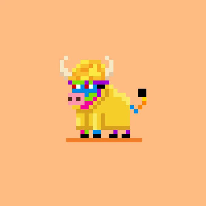 A colorful 8-bit pixel art illustration of a yellow cow wearing rainbow sunglasses against a peach background.