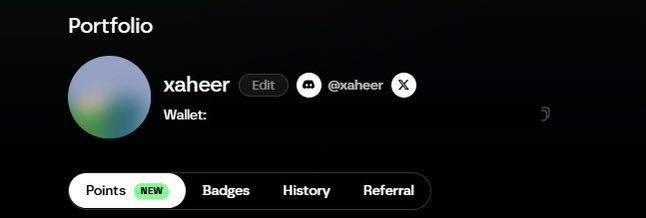 A portfolio profile screen shows the username "xaheer" with their wallet and social handles (@xaheer, X), along with navigation tabs for Points, Badges, History, and Referral.